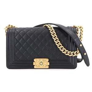 CHANEL Boy Chanel Chain Shoulder Handbag in Black Caviar Leather with Gold Ha...